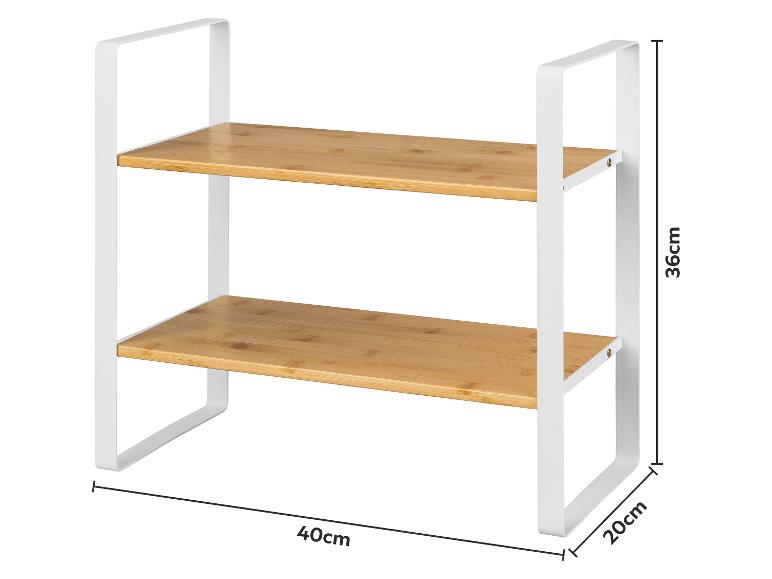 Étagère à deux niveaux en bambou avec cadre métallique blanc, dimensions 40x20x36 cm.