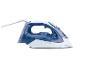 Fer à vapeur bleu et blanc avec cordon, affichant les fonctions d'arrêt automatique, d'auto-nettoyage et de revêtement céramique.