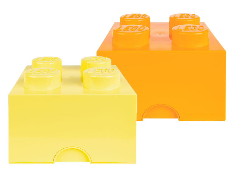 Deux boîtes de rangement LEGO jaunes et orange.