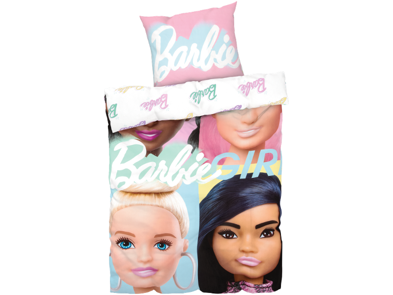 Parure de lit rose avec logo Barbie et visages de poupées.