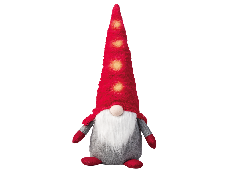Gnome décoratif de Noël avec un chapeau rouge illuminé et une barbe blanche.