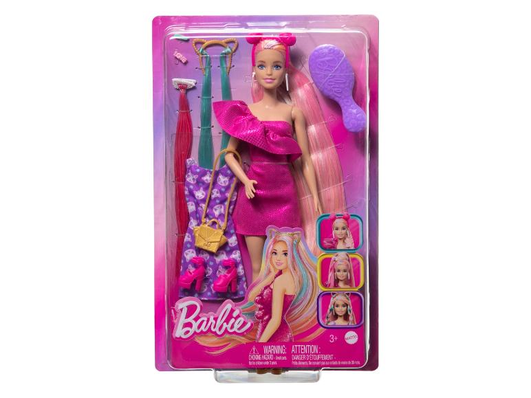 Poupée Barbie avec accessoires de mode et de coiffure, incluant une brosse et des vêtements supplémentaires.