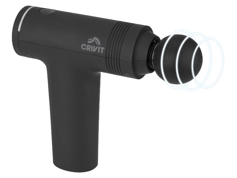 Pistolet de massage noir avec une tête ronde et des motifs d'anneaux blancs.