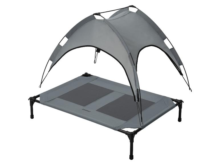 Lit surélevé pour animaux de compagnie avec auvent gris.