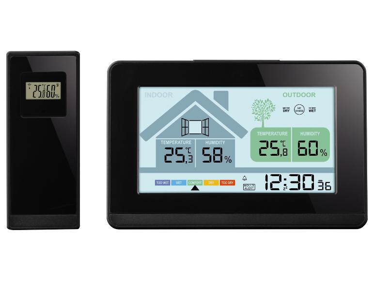 Ensemble thermomètre et hygromètre numérique affichant la température et l'humidité intérieure et extérieure.