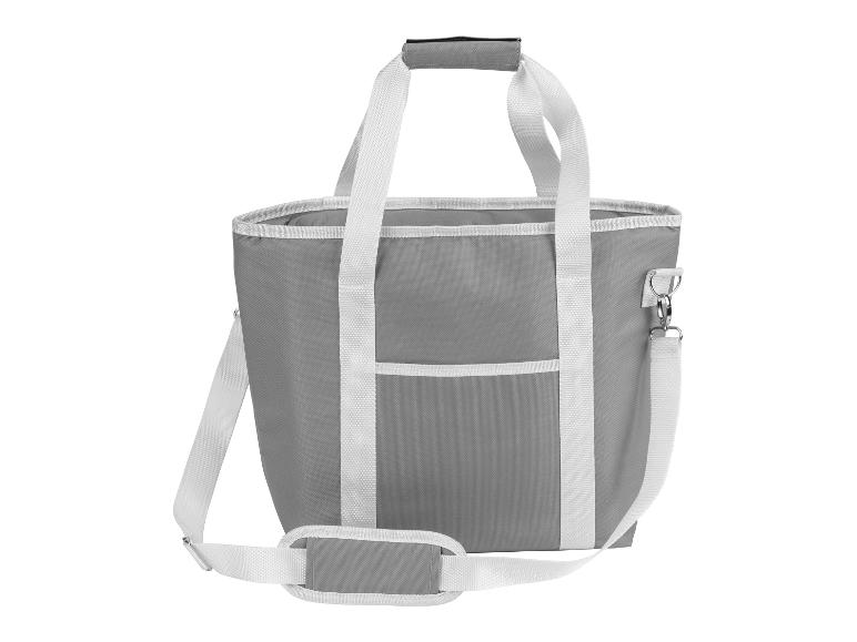 Sac isotherme gris avec sangles blanches et bandoulière
