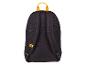 Sac à dos noir avec poignée jaune et bretelles réglables, vue arrière.