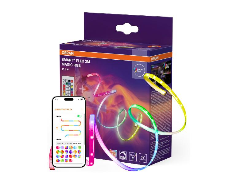Bande LED intelligente avec télécommande et application smartphone affichant divers modes d'éclairage.