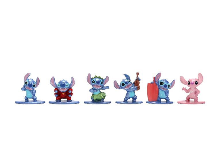 Six figurines de Stitch et Angel dans diverses poses et costumes.