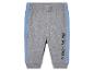 Pantalon de survêtement gris avec des bandes bleues et un imprimé Mickey Mouse.
