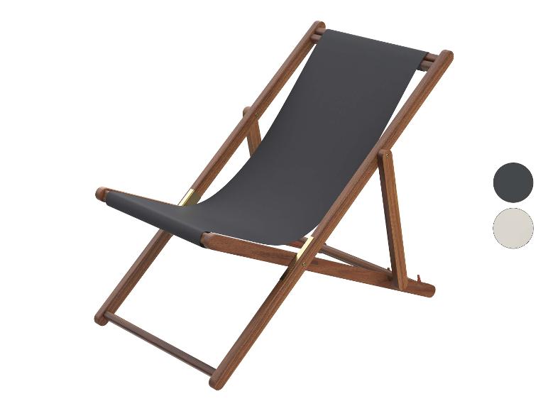 Chaise longue gris foncé avec cadre en bois, présentée avec des échantillons de couleurs.