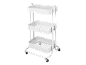 Chariot de rangement blanc à 3 niveaux en métal avec étagères grillagées et roulettes