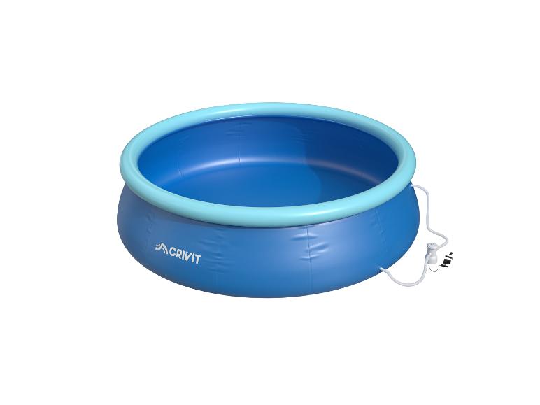 Piscine gonflable ronde bleue avec anneau supérieur turquoise et système de filtration.