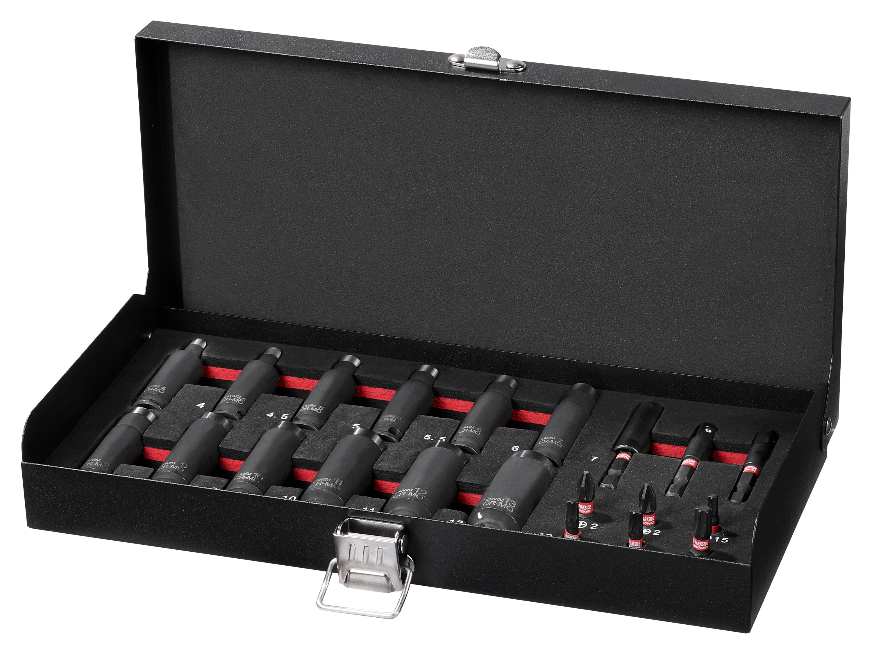 Une boîte à outils noire ouverte avec une variété de douilles et d'embouts de tournevis.