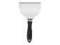 Spatule de cuisine en acier inoxydable avec manche noir.