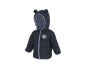Doudoune bleu marine pour tout-petits avec un écusson de personnage et une doublure de capuche à motifs.