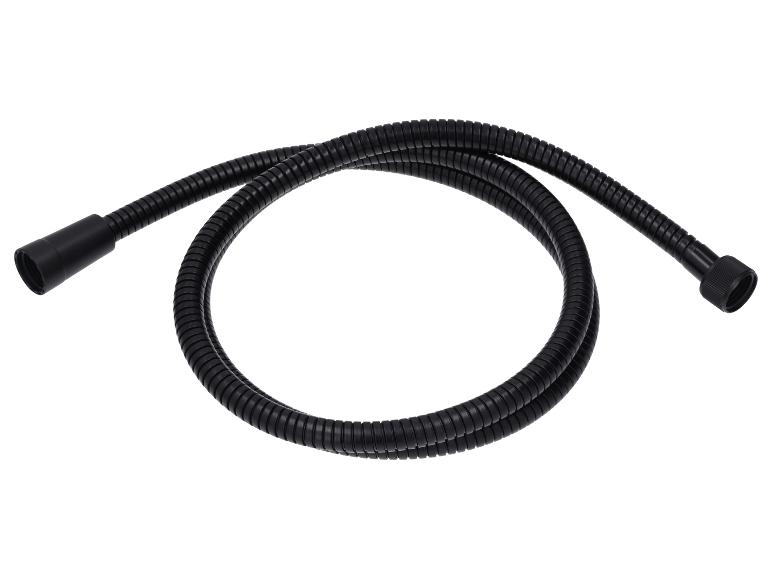 Tuyau de douche flexible noir avec surface nervurée et raccords aux deux extrémités