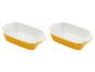 Deux plats à gratin jaunes avec des poignées.