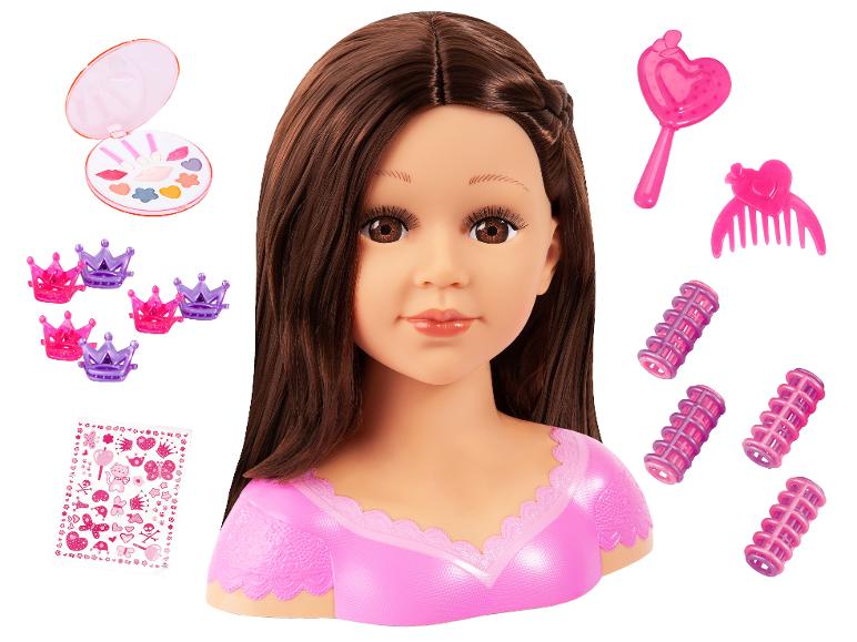 Tête à coiffer avec cheveux bruns, palette de maquillage, pinces, bigoudis et autocollants.