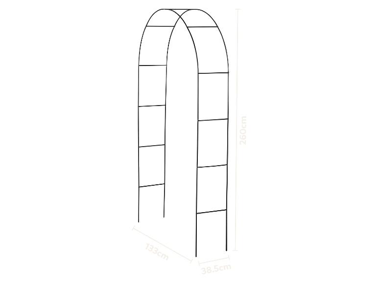 Arche de jardin en métal noir avec des dimensions de 260 cm (hauteur), 133 cm (largeur) et 38,5 cm (profondeur).
