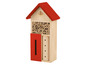 Un hôtel à insectes en bois avec un toit rouge et des pailles pour les abeilles sauvages.