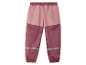 Pantalons de pluie pour enfants, rose et bordeaux, avec détails réfléchissants.
