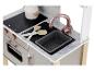Cuisine de jeu en bois avec évier, plaque de cuisson et accessoires, en gris et or rose.