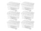 Lot de six boîtes de rangement en plastique transparent avec couvercles.