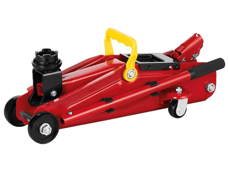 Cric hydraulique rouge avec roues noires et poignée jaune