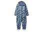 Combinaison imperméable bleue pour enfant avec motif dinosaure et capuche.