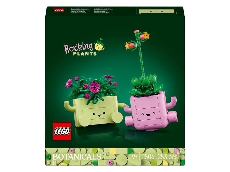 Boîte de jeu de construction avec deux plantes à bascule, une verte et une rose.