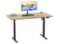 Un bureau en bois avec une base noire, un moniteur et un clavier.