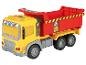 Camion benne jouet jaune et rouge avec benne basculante et autocollants d'avertissement