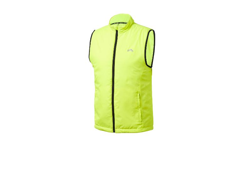 Gilet de course réfléchissant jaune fluo avec fermeture éclair noire.