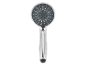 Pommeau de douche à main chromé avec plaque de buse grise et plusieurs types de jet.
