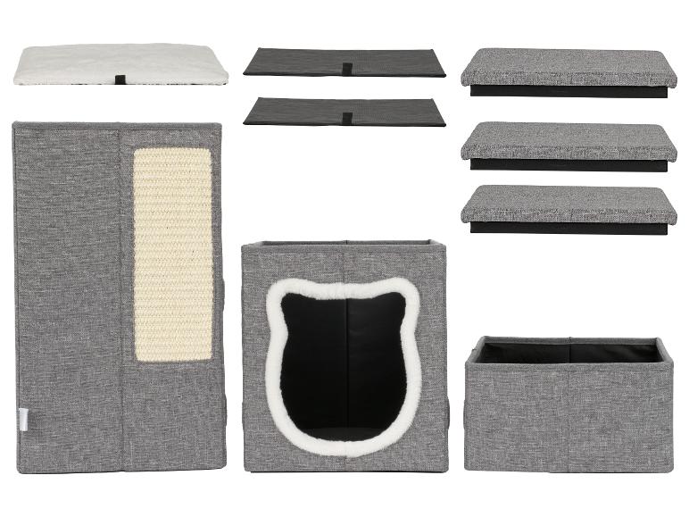 Arbre à chat modulaire gris avec niche, griffoir et coussins.