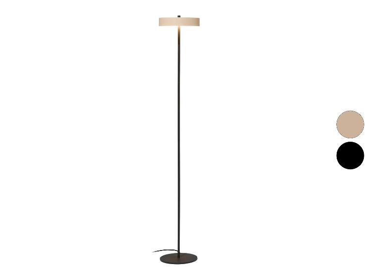 Lampadaire moderne avec un pied noir et un abat-jour circulaire beige, avec options de couleur.