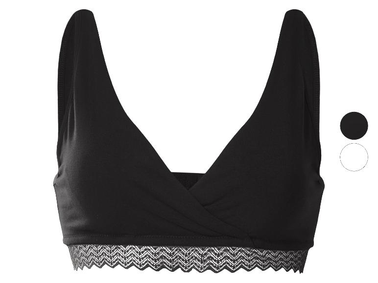 Soutien-gorge de maternité noir avec col en V et bande de dentelle décorative, disponible en noir et blanc.