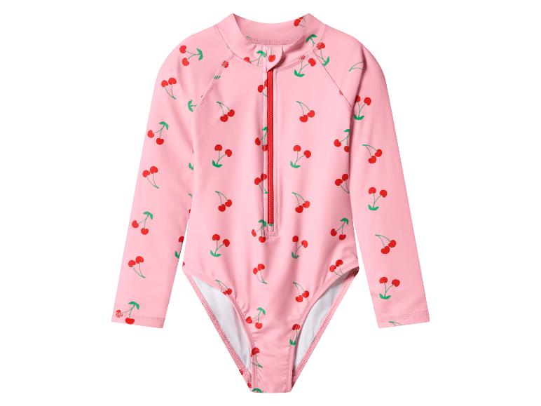 Maillot de bain rose à manches longues pour enfant avec motif cerises.