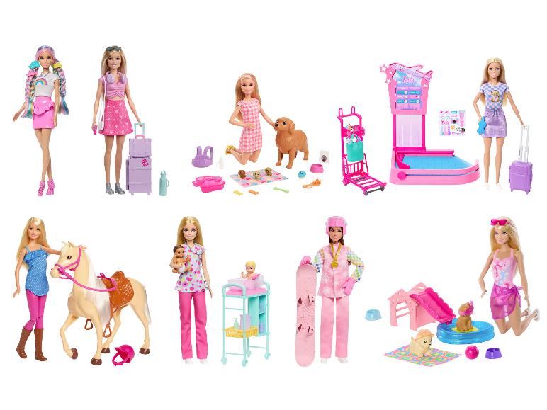 Différents coffrets de jeu et poupées BARBIE avec des thèmes variés.