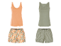 Deux ensembles pyjamas femme : un orange avec short fleuri, un vert avec short rayé.