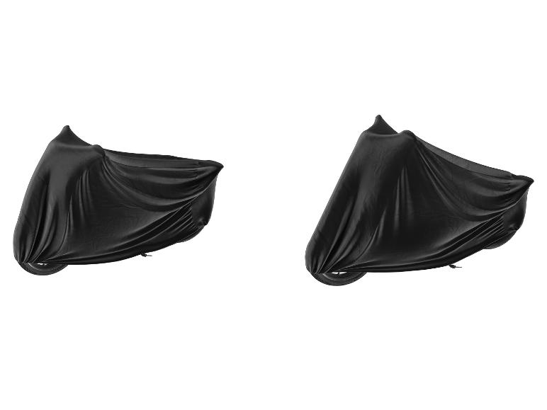 Deux motos couvertes de bâches noires sur fond blanc.