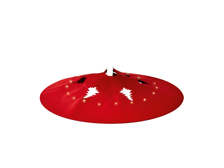 Lumière décorative rouge avec découpes en forme d'étoile et petites lumières, sur fond blanc.