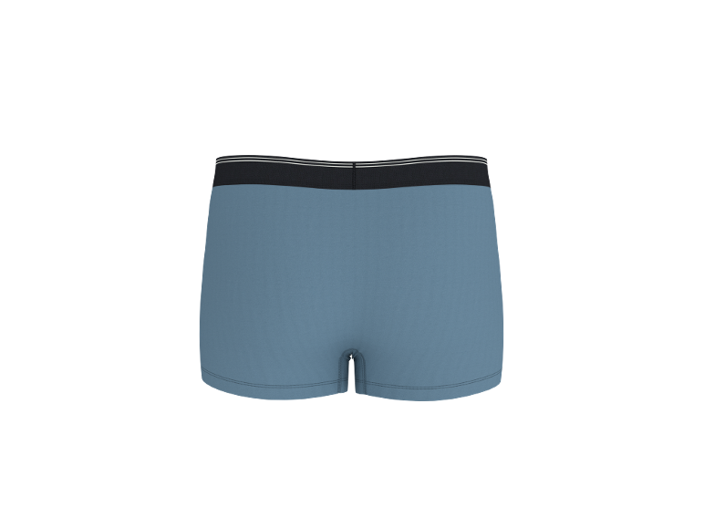 Caleçon bleu avec ceinture noire et rayures blanches, vue arrière.