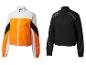 Deux vestes de sport Crivit : orange et blanc, et noir avec des détails blancs.