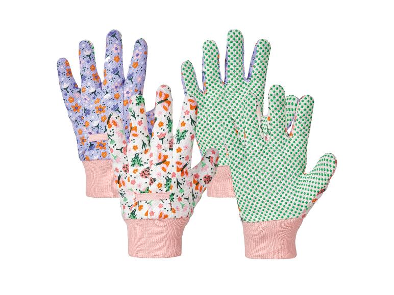 Trois paires de gants de jardinage colorés à motifs floraux et à pois.