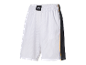Shorts de basket-ball blancs avec des détails noirs et jaunes.