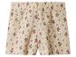 Shorts beige clair avec un petit motif floral violet et une taille élastiquée.