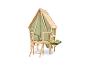 Maison de jeu en bois avec tente verte et cuisine de boue avec ustensiles