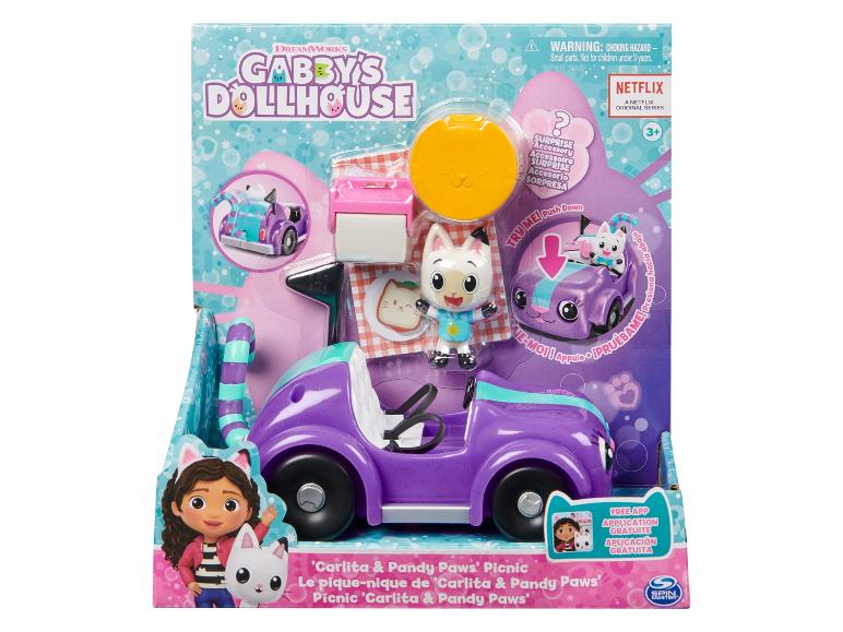 Ensemble de jouets Gabby's Dollhouse Carlita & Pandy Paws' Picnic avec une voiture violette et des figurines.